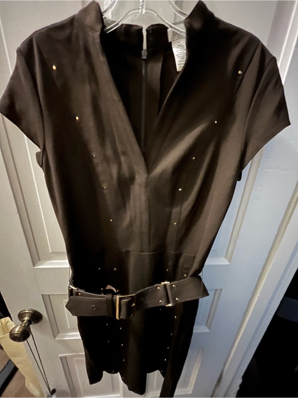 Cache Chocolate Mini Dress with Gold Stud Accents and Belt